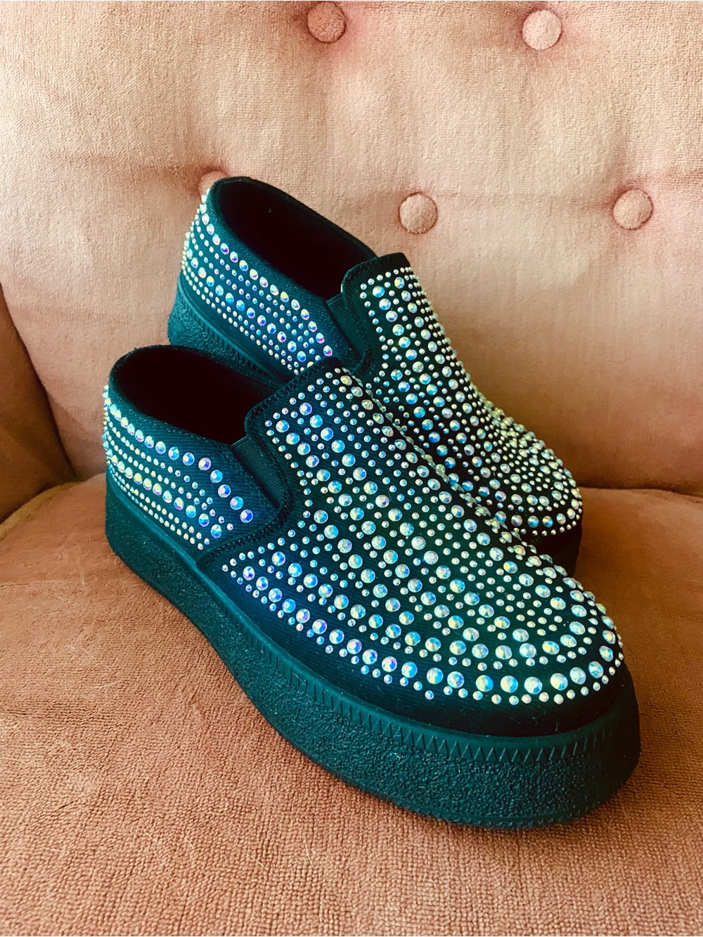 FUNKY! Iridescent Studs Black Platform Slip-On Sneakers Women’s Size 8 OVERSIZED